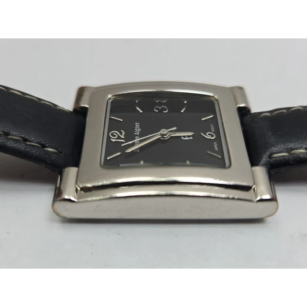 Vintage Etienne Aigner Womens Silver Black Dial Leather Quartz Watch New Battery